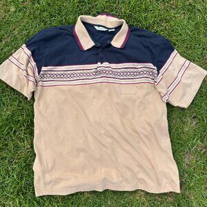 Vintage Y2K Wentworth Polo Shirt XL Tribal Aztec Stripe Beige Navy
